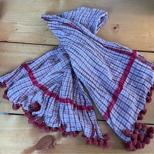 Meg Cohen Cotton / Silk Gauze Scarf - Cream & Red Pom Pom Tassel Trim